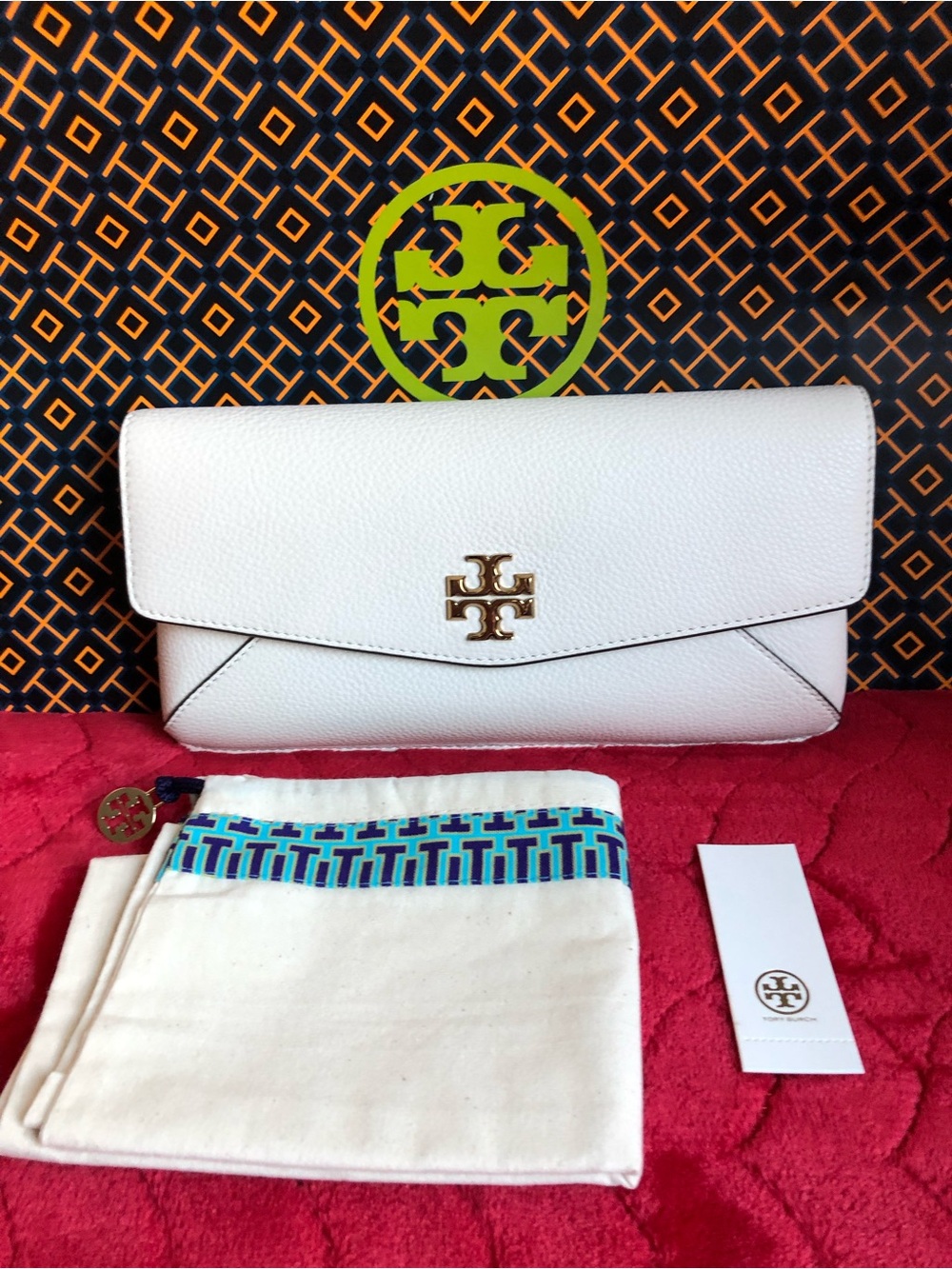 Tory Burch Kira White Pebbled Leather Logo Envelope Clutch